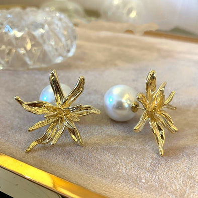 Chic Golden Tone Flower Pearl Stud Earrings