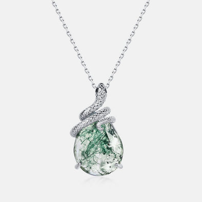 Snake Coiled Natural Green Moss Agate Pendant Necklace
