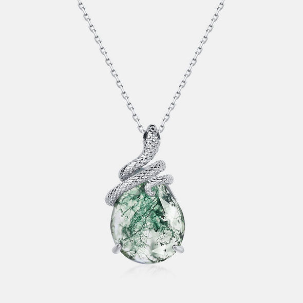 Snake Coiled Natural Green Moss Agate Pendant Necklace