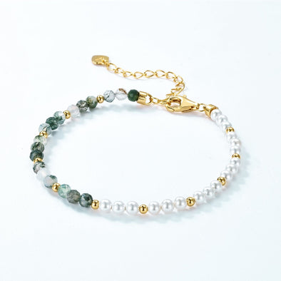 Natural Water Grass Agate with Pearls Sterling Silver Bracelet