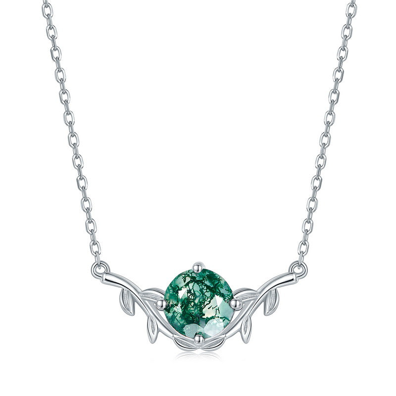 Round Shape Leaves Design Green Moss Agate Necklace