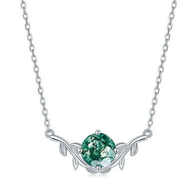 Round Shape Leaves Design Green Moss Agate Necklace