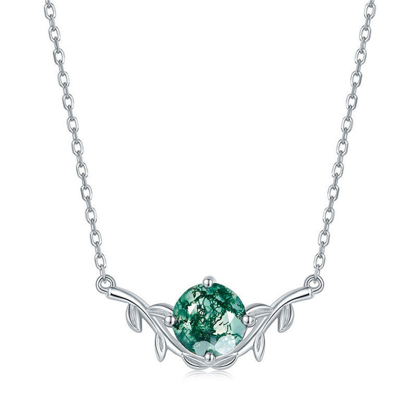 Round Shape Leaves Design Green Moss Agate Necklace