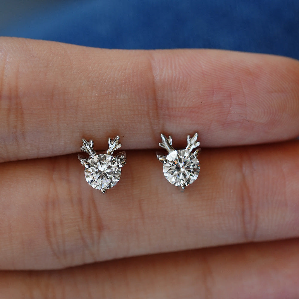 Cute Antler Reindeer Design Moissanite Silver Earrings