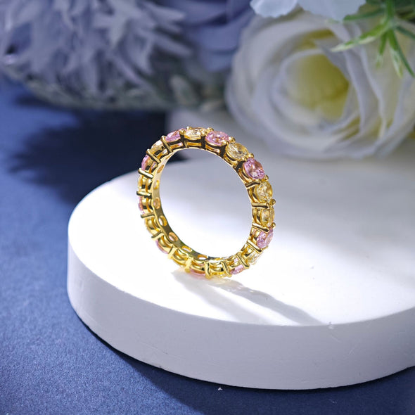 Yellow and Pink Gemstone Sterling Silver Eternity Wedding Band in Golden Tone