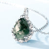 Pear Shape Halo Green Moss Agate Pendant Necklace