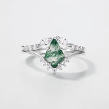 Retro Natural Green Moss Agate Ring Set For Women