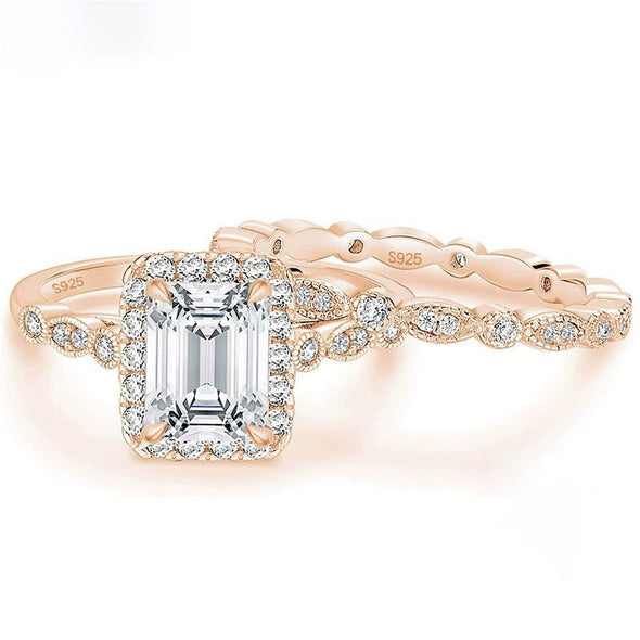 2.0 CT Emerald Cut Halo Sterling Silver Ring Set