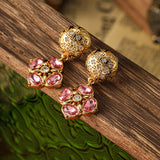 Vintage Pink Flower Design Golden Tone Drop Earrings