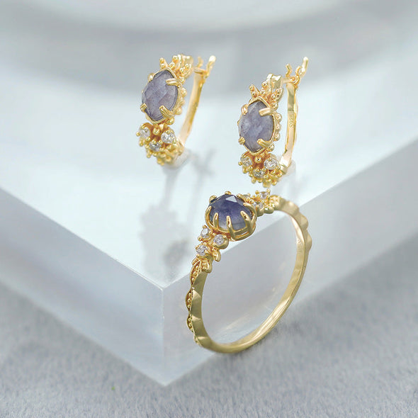 Vintage Natural Cordierite 14K Gold Plated Ring