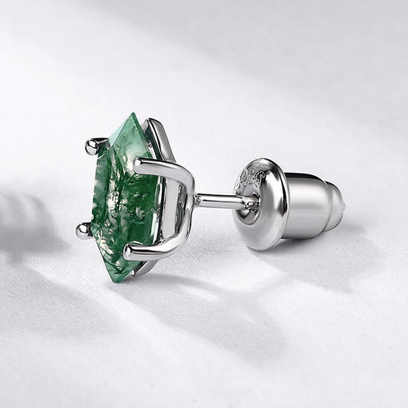 Geometric Green Moss Agate Sterling Silver Stud Earrings