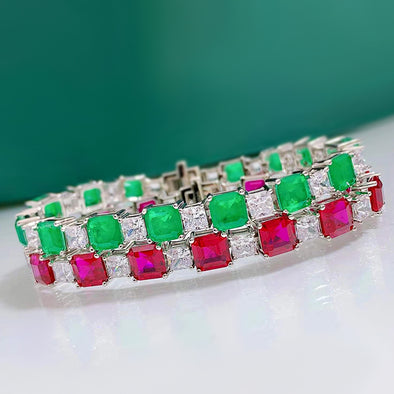 Classic Baguette Emerald Blue Red Gemstone Tennis Bracelet in Sterling Silver