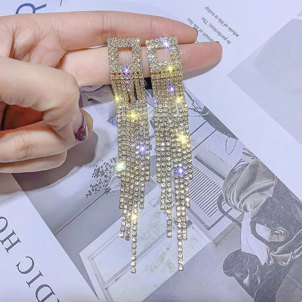 Chic Rhinestones Fringe Drop Earrings In Sterling Silver