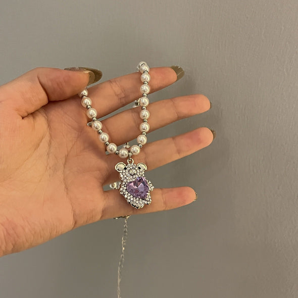 Chic Purple Heart Pearl Bear Pendant Necklace