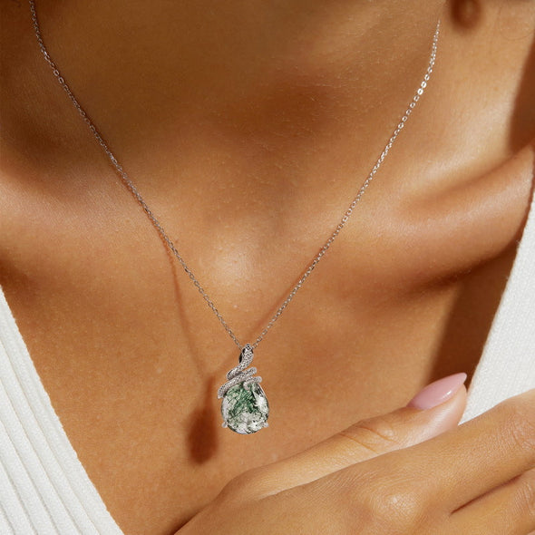 Snake Coiled Natural Green Moss Agate Pendant Necklace