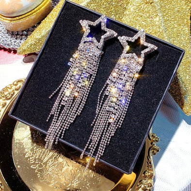 Sparkling Pentagram Design Tassel Drop Earrings