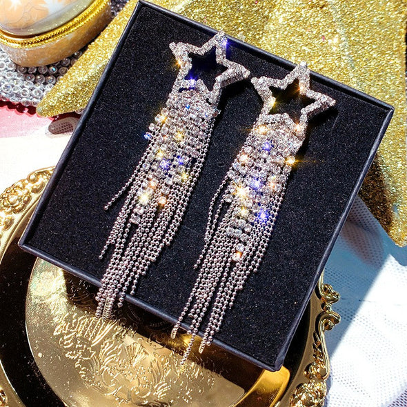 Sparkling Pentagram Design Tassel Drop Earrings