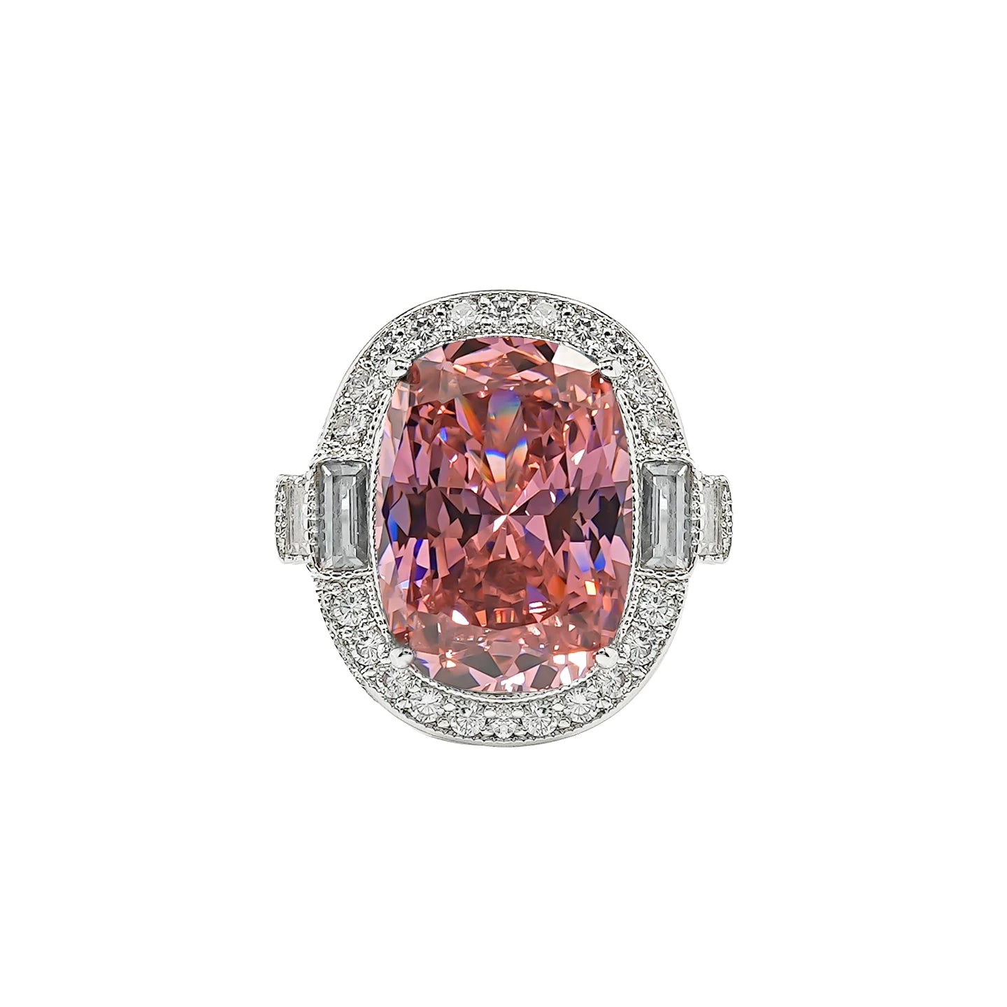 Retro Radiant Cut Colorful Gemstone Engagement Ring with Double Halo & Baguette Accents