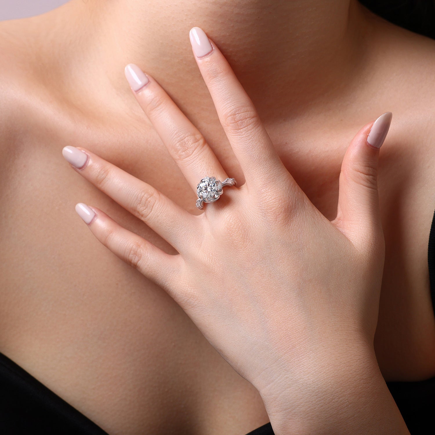 Floral Design Moissanite Engagement Ring in Sterling Silver