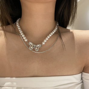 Butterfly Design Pearl Double Layered Choker