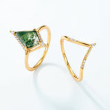 Geometric Natural Green Moss Agate Ring Set