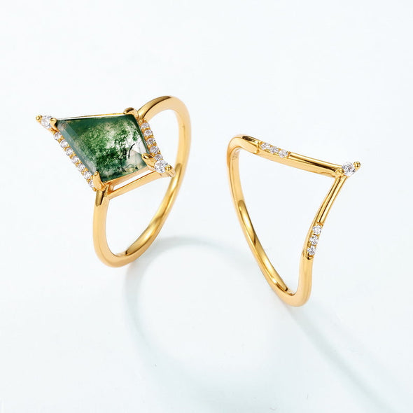Geometric Natural Green Moss Agate Ring Set