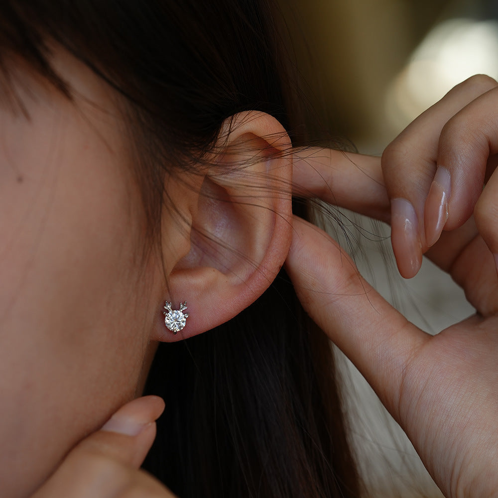 Cute Antler Reindeer Design Moissanite Silver Earrings
