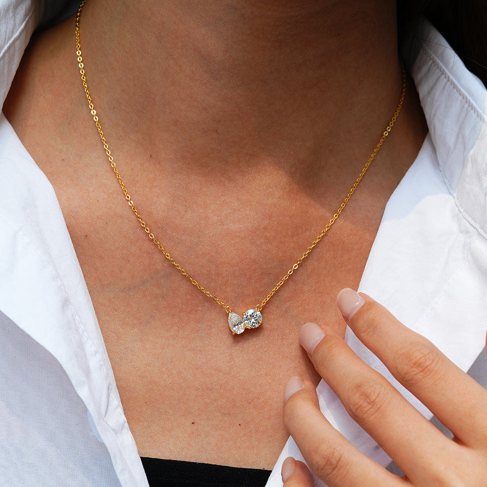 Gold Tone Dual Spark Moissanite Pendant Necklace in 925 Sterling Silver