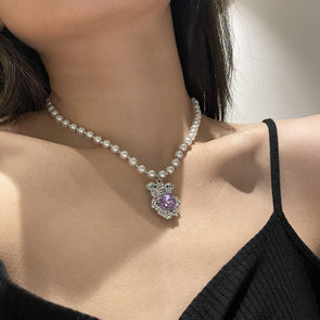 Chic Purple Heart Pearl Bear Pendant Necklace