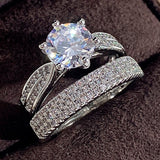 Classic 2-Piece Round Six-Prong Solitaire with Half Eternity Bands Bridal Ring Set in 925 Sterling Silver