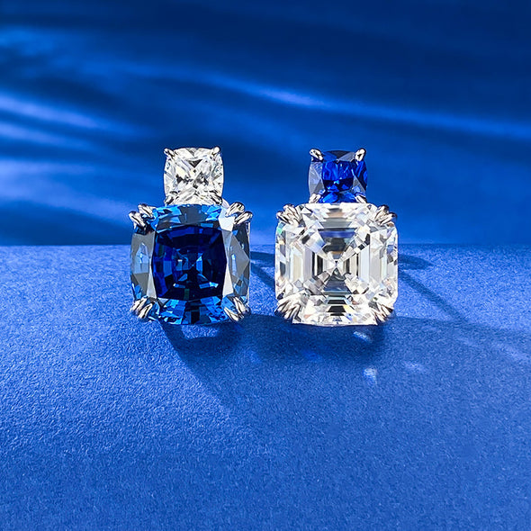 Asscher Cut and Cushion Cut Sapphire Blue Dangle Earrings in Sterling Silver