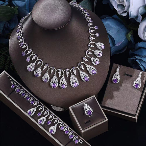 4 Pcs Luxury Dazzling Full Diamond Colored Evening Dress Jewelry Set