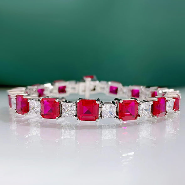 Classic Baguette Emerald Blue Red Gemstone Tennis Bracelet in Sterling Silver