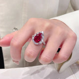 Vintage Pear Cut Ruby Halo Engagement Ring in Sterling Silver