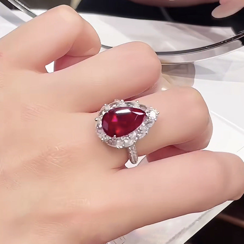 Vintage Pear Cut Ruby Halo Engagement Ring in Sterling Silver