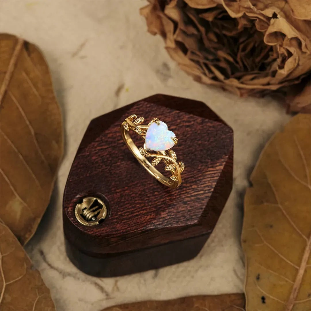 Retro Leaves Design Heart Shape Opal Ring