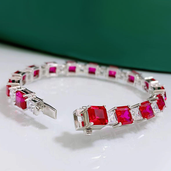 Classic Baguette Emerald Blue Red Gemstone Tennis Bracelet in Sterling Silver