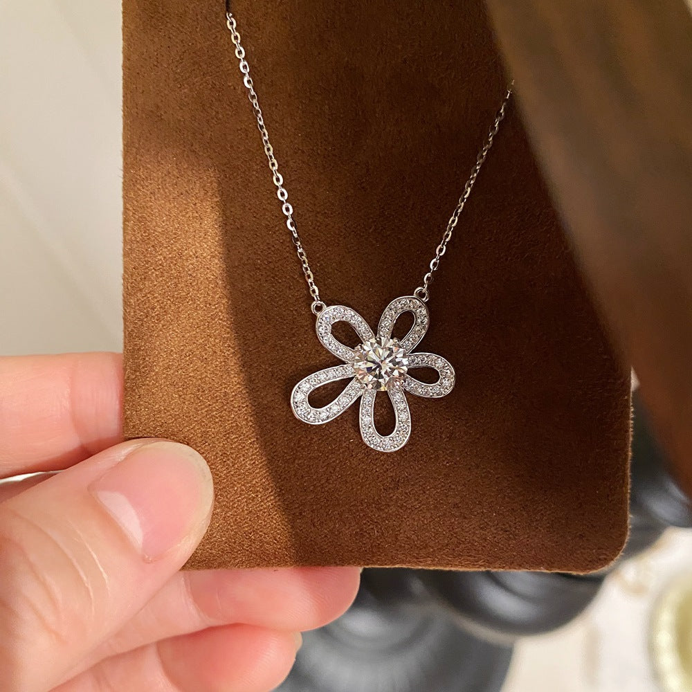 1ct Moissanite Five-Petal Flower Pendant Necklace in Sterling Silver