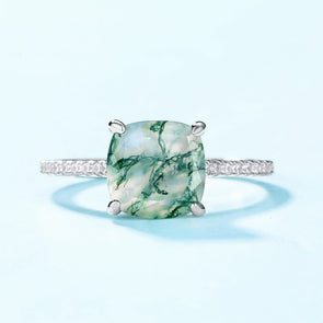 Cushion Shape Natural Green Moss Agate Ring