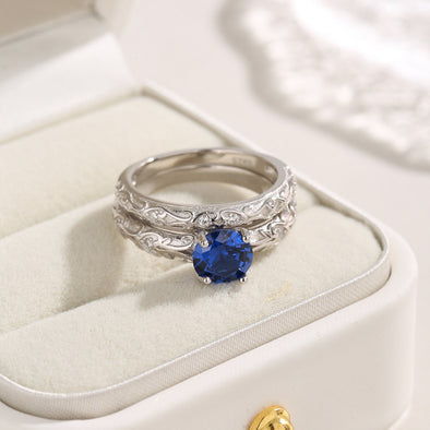 Vintage 2 Pcs Blue Round Cut Ring Set