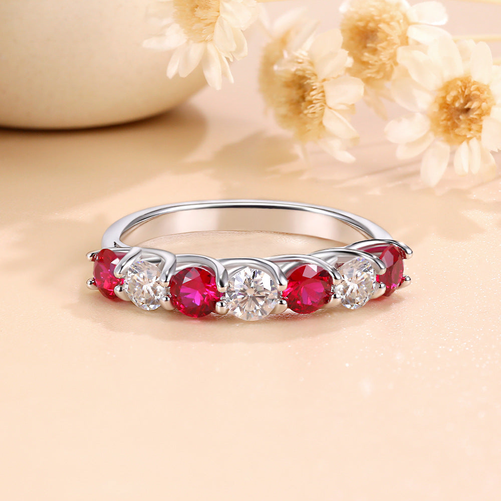 Moissanite Multicolor 7 Stone Wedding Band in Sterling Silver