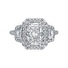 Exquisite Radiant Cut Halo Three Stone Engagement Ring In Sterling Silver