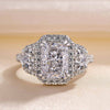 Exquisite Radiant Cut Halo Three Stone Engagement Ring In Sterling Silver