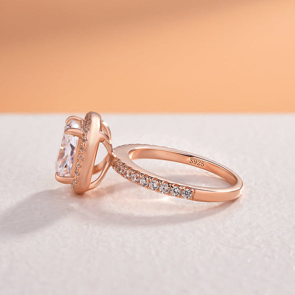 Rose Gold Tone Halo Radiant Cut Engagement Ring In Sterling Silver