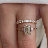 2pcs Luxurious Golden Tone Emerald Cut Three Stone Sterling Silver Bridal Set