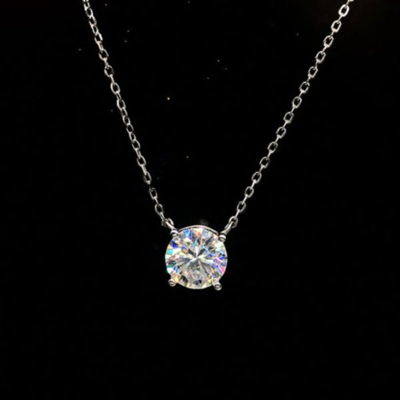 Moissanite Classic 4 Prong Round Cut Sterling Silver Pendant Necklace