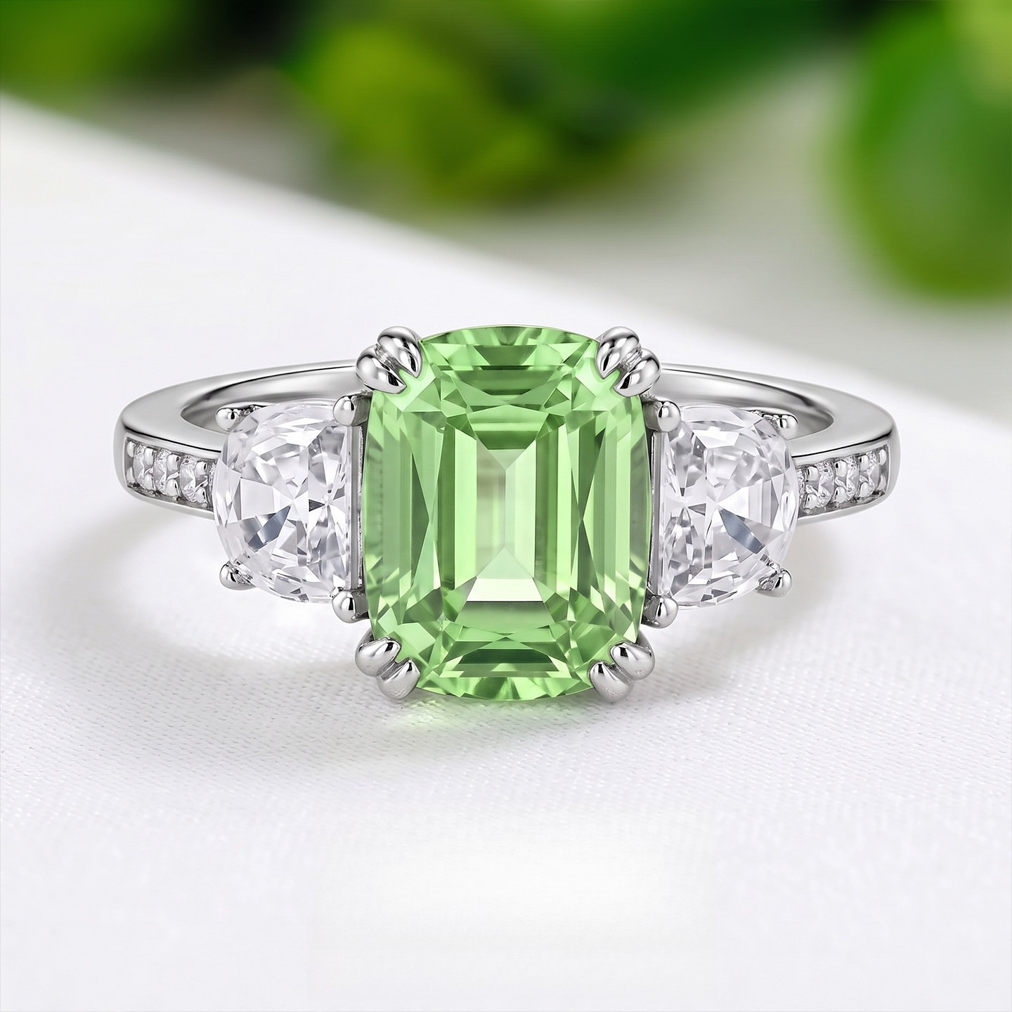 Emerald Cut Three Stone Engagement Ring in Sterling Silver
