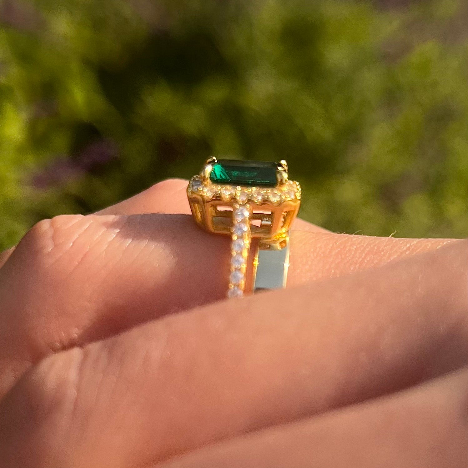 2 Pcs Green Emerald Cut Halo Design Bridal Sets In Golden Tone