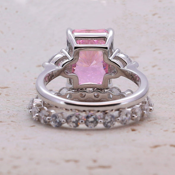 4.0CT Three Stone Pink Sterling Silver Engagement Ring with Eternity Band