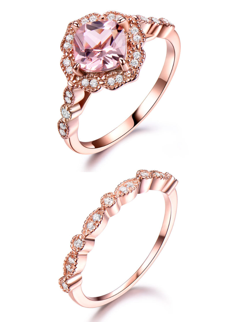 Vintage Pink Morganite Rose Gold Tone Ring Set
